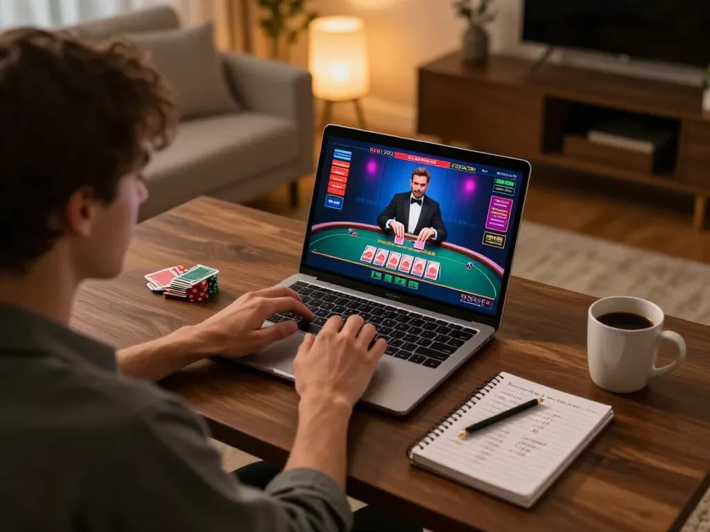 Engaging in live blackjack at home with NHÀ CÁI MAX88 in a cozy and strategic setup, showcasing online gambling.