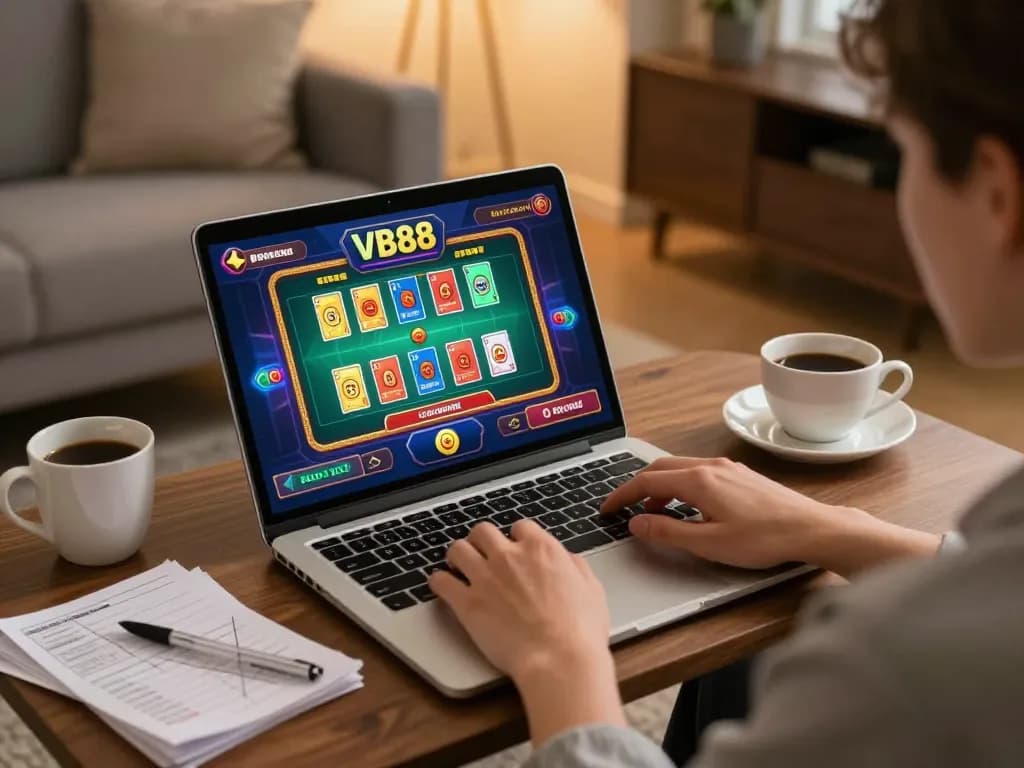 TẢI VB88 on a laptop for an enhanced online gaming experience in a cozy home setup.