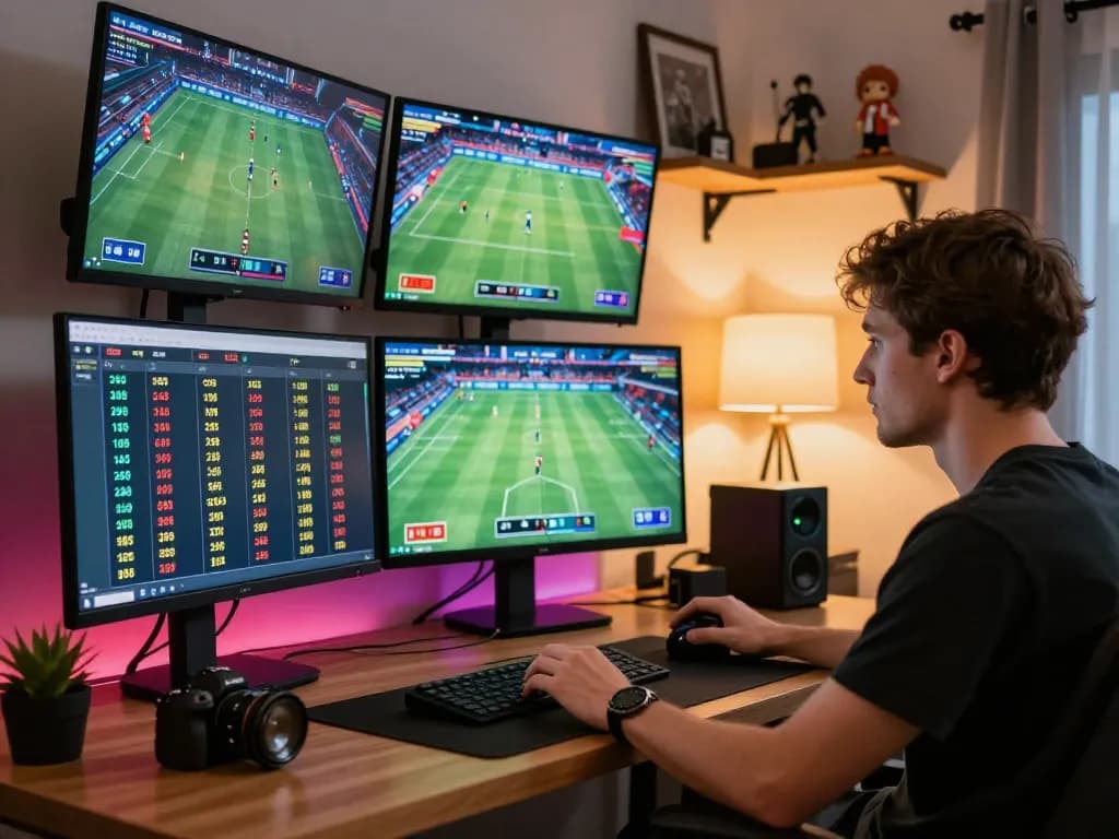 Engaging in strategic betting analysis with soi keo nha cai displayed prominently on multiple screens.