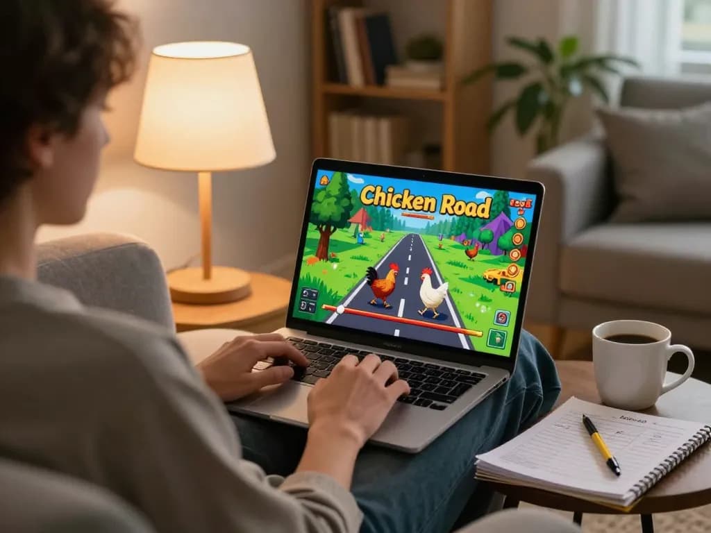 Giocatore che si diverte con Chicken Road recensioni a casa, impegnato nel gameplay di casinò online su laptop
