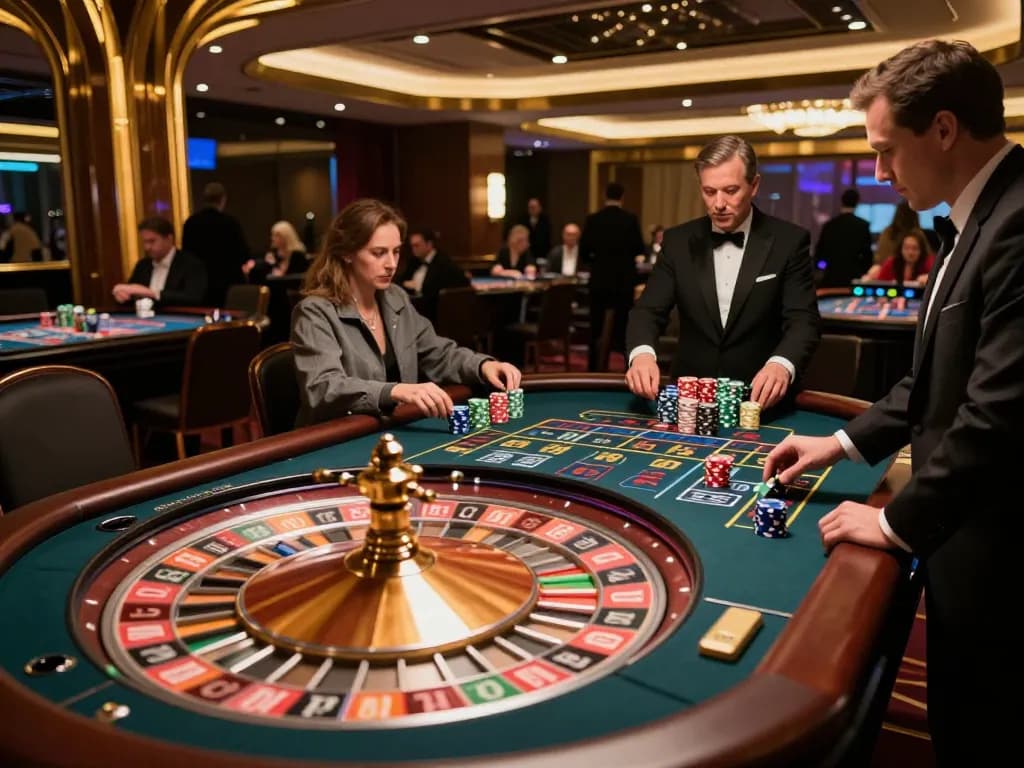 33win gamblers engaging at a roulette table with vibrant chips and thrilling action.