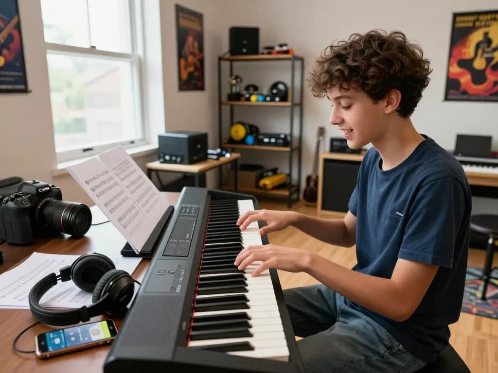 An enthusiastic young pianist playing the go 88 digital piano in a bright music studio, showcasing creativity and musical joy.