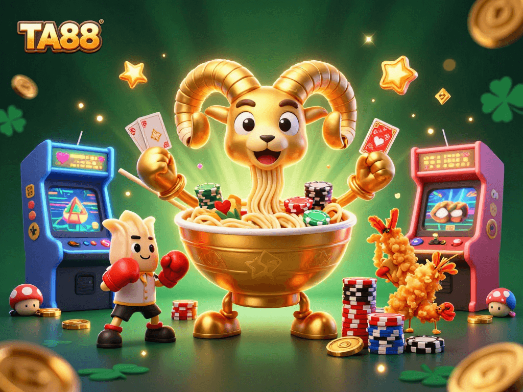 TA88 showcases a vibrant 3D illustration featuring a golden ramen bowl and casino elements.