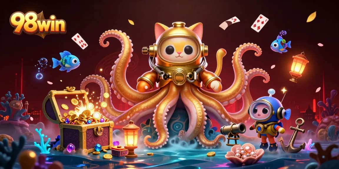 Win big at 98win with thrilling games featuring a kraken and diving cat in a dynamic underwater casino scene.