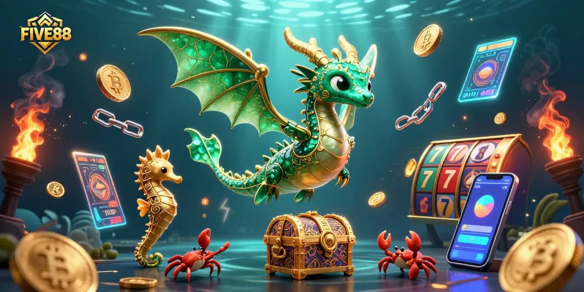 Engage with FIVE88 slot games featuring emerald sea dragon, Bitcoin coins, and vibrant casino elements.