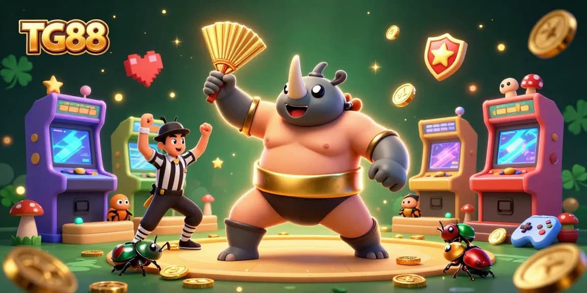 Experience the excitement of TG88 with a vibrant 3D illustration of a sumo beetle champion surrounded by dazzling casino elements.