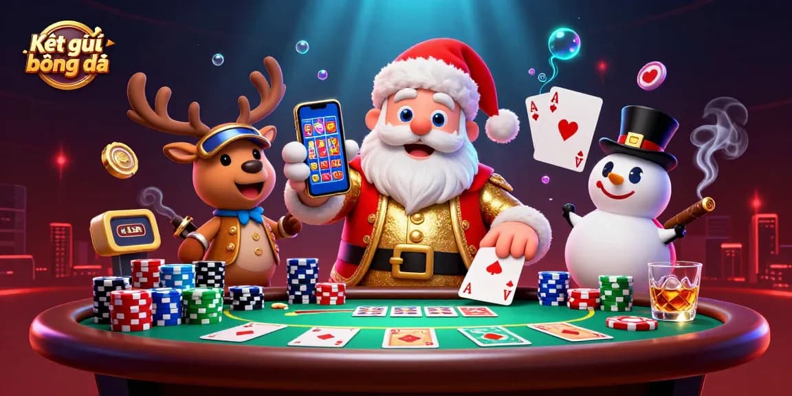 Kết quả bóng đá live updates with Santa and friends in a vibrant casino scene.
