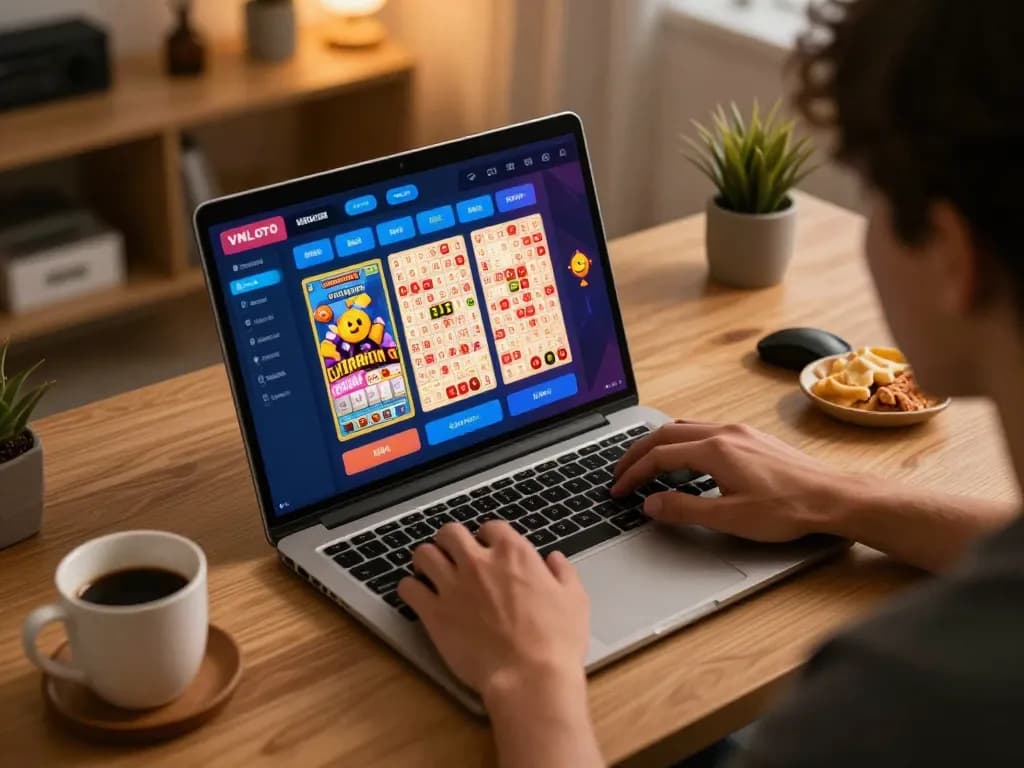 Player engaging with vnloto.me in a cozy home office, enjoying online lottery games.