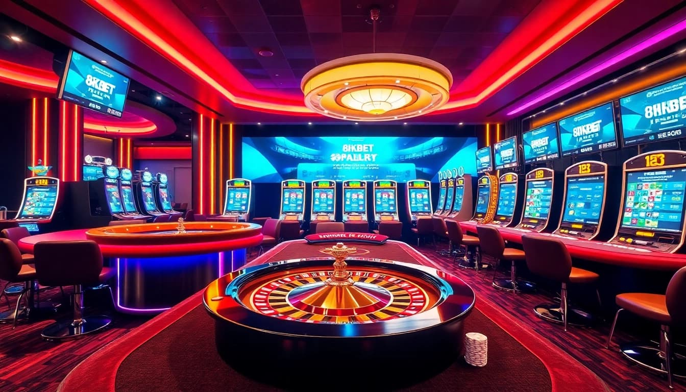 Experience thrilling gameplay at https://8kbet3.com/: vibrant casino environment featuring roulette and poker.