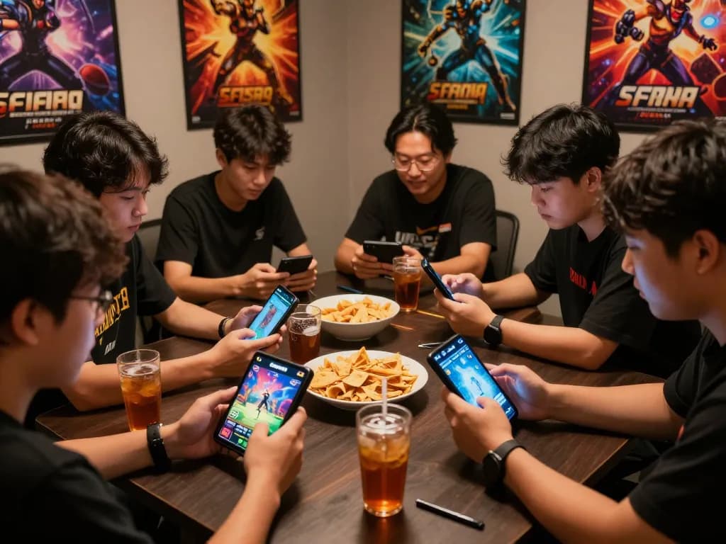Excited gamers downloading tải sun win app on mobile devices during a lively gathering