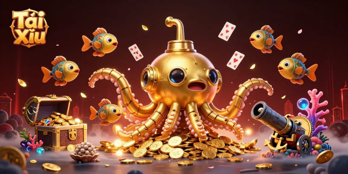 Tài Xỉu players engaging in an underwater casino adventure featuring a golden kraken submarine and floating cards.