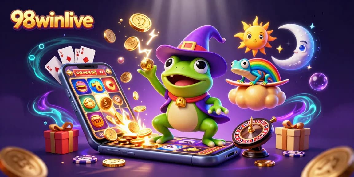 Experience the excitement of 98winlive with colorful games and shining coins in a vibrant casino scene.