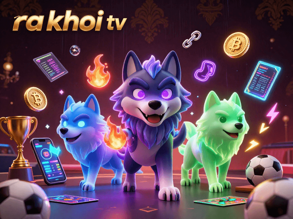 Bet on sports with ra khơi tv: vibrant 3D illustration of wolves and betting elements.
