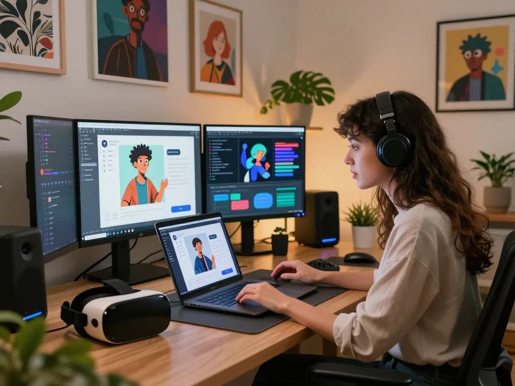 Engaging scene of woman using Crushon AI on her laptop in a modern digital workspace