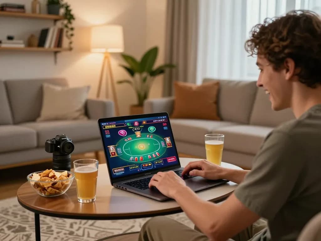 Person engaging in online gaming action with NHÀ CÁI VIN88 in a cozy home setting.