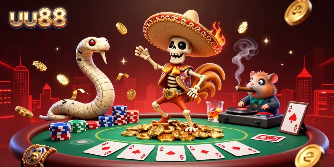 Experience the vibrant energy at uu88 with a lively casino dance scene featuring unique characters and poker elements.