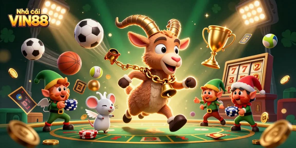 Experience thrilling moments at Nhà cái VIN88 with a dynamic 3D casino illustration showcasing festive characters and engaging betting elements.