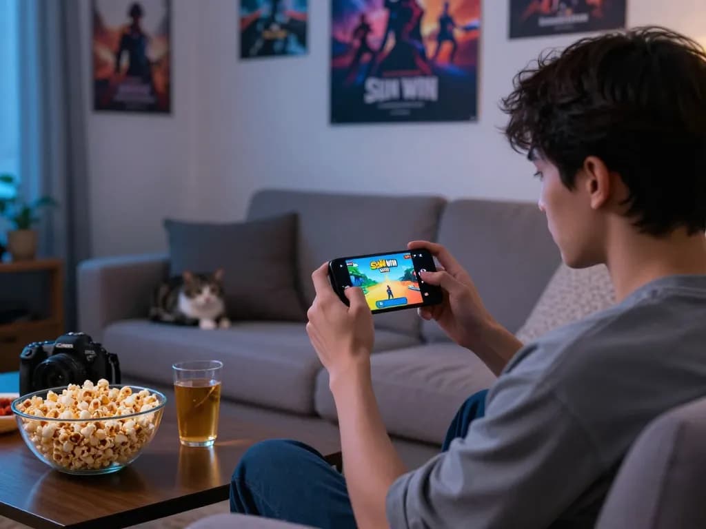 Playing tải sun win on smartphone in a cozy living room setting with snacks.