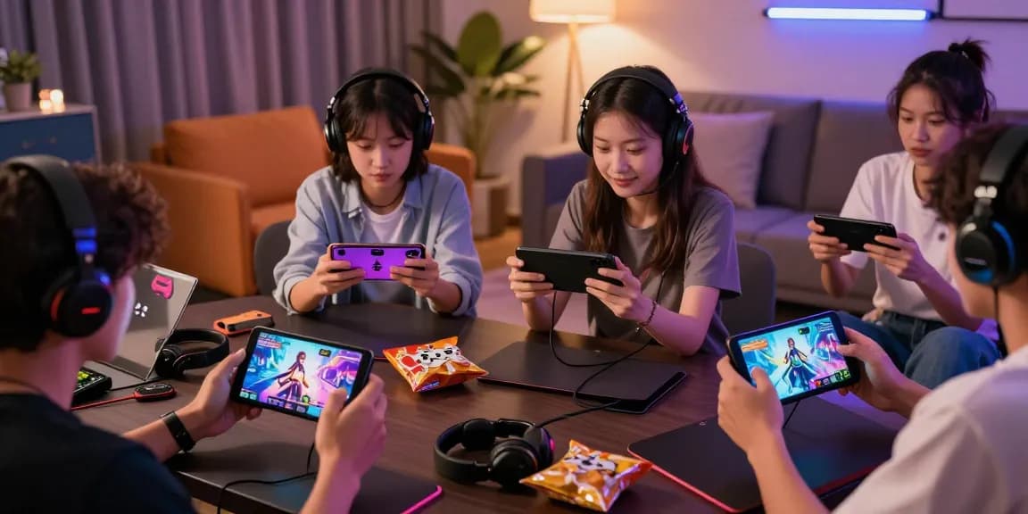 Friends playing mobile hentai games on their devices in a cozy gaming lounge.