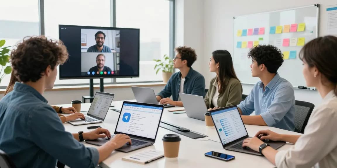 Download Telegram on multiple devices with a diverse team collaborating in a modern office setting, showcasing vibrant teamwork.