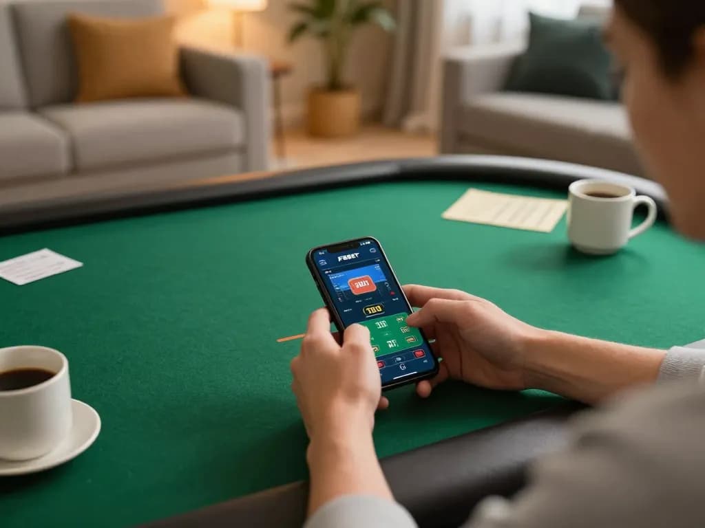 Experience F8BET on a smartphone in a cozy home gaming setup with engaging poker action