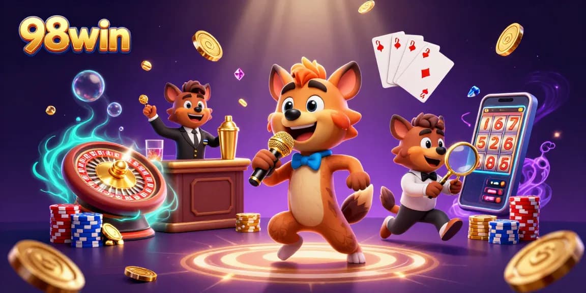 Experience thrilling 98win casino entertainment with a vibrant 3D hyena comedy scene.