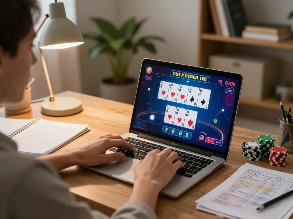 Player engaging in online poker at home with mm88, showcasing a vibrant gaming screen and cozy atmosphere
