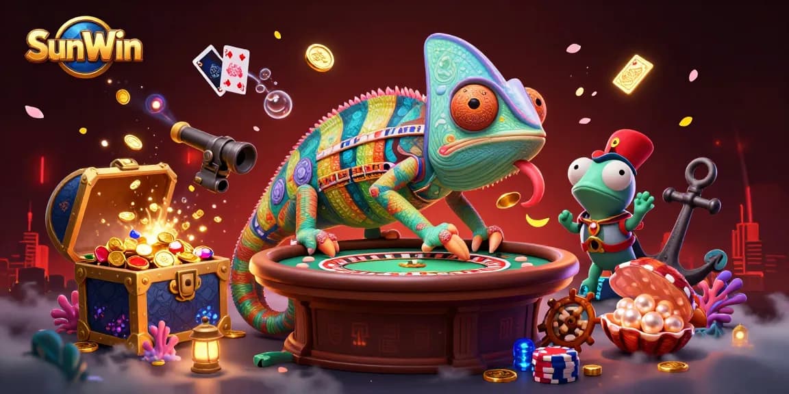 Engage with the thrilling world of SunWin casino in this vibrant 3D illustration featuring a dynamic chameleon character.