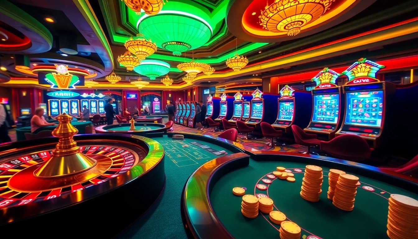 A thrilling casino scene featuring f168 gaming elements with roulette, poker, and vibrant lights.