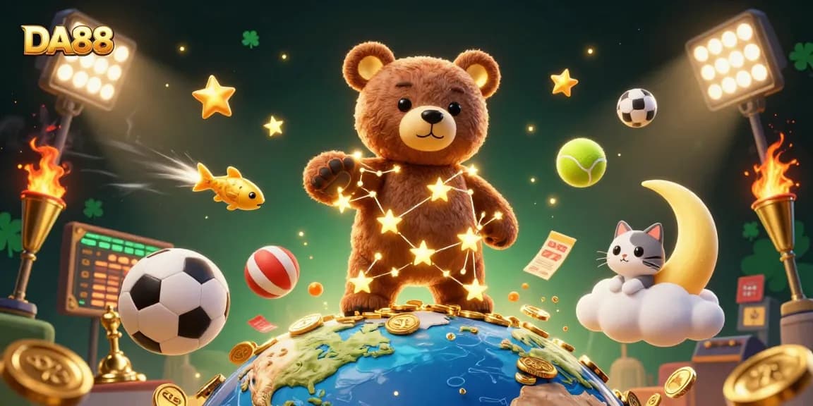 Engage with DA88: a vibrant 3D casino scene showcasing excitement with golden coins and sports elements.