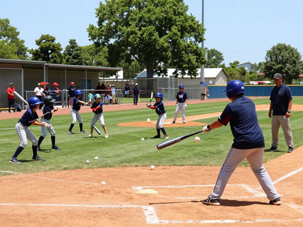 Young athletes at hitclub baseball training, practicing hitting drills with coaches, vibrant sports complex scene.