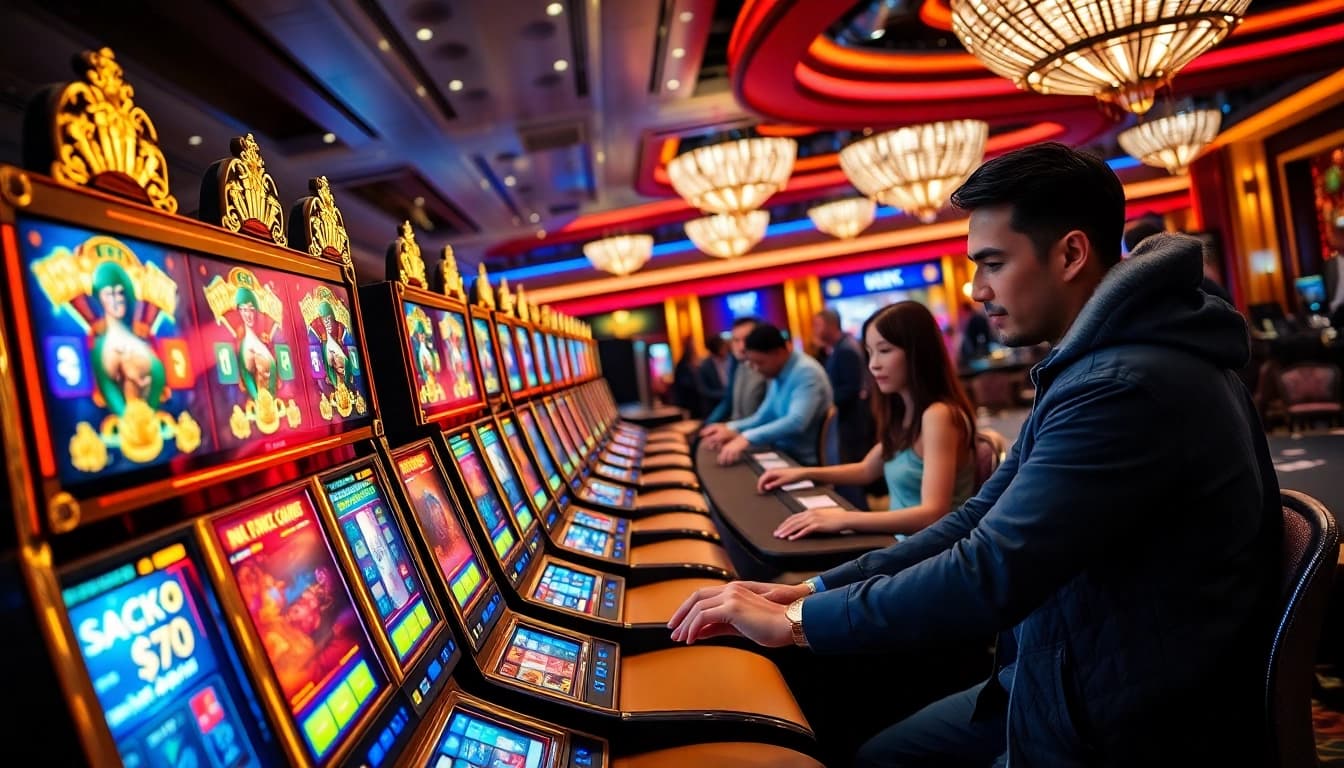 Nổ hũ go8 slot game action at a vibrant casino, filled with players and excitement.
