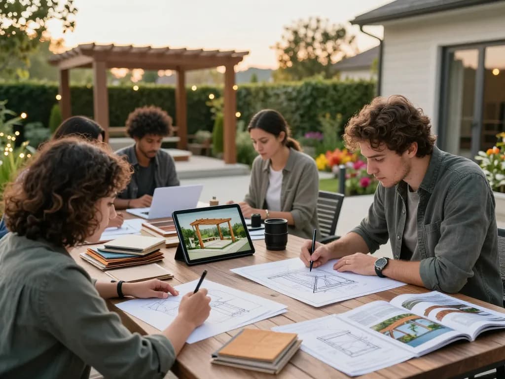 Team di design che crea un software configuratore pergole personalizzato in uno spazio di lavoro collaborativo all'aperto.