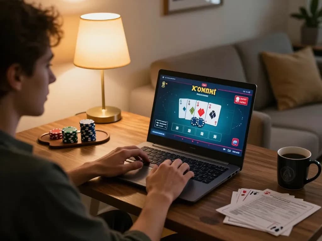 Engaging online gaming experience as members TẢI KU88 on a laptop with poker interface in a cozy living room setting
