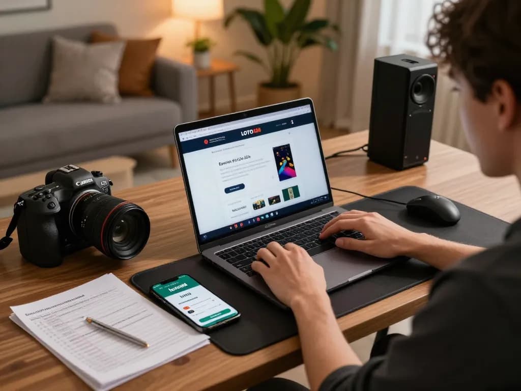 Engage with link vào loto188 app while strategizing online bets in a stylish home gaming setup.