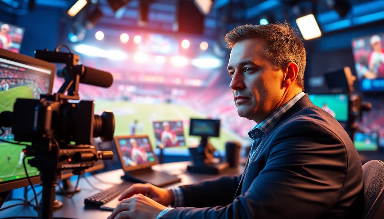Dynamic view of Sports Broadcasting studio showcasing live sports action and equipment.