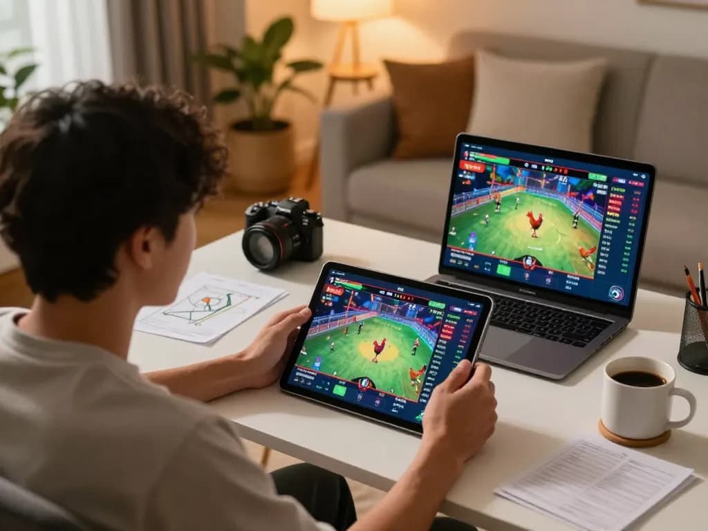 Xem đá gà Thomo trực tiếp trong bối cảnh trò chơi trực tuyến hấp dẫn với màn hình máy tính bảng và khán giả đang chăm chú theo dõi.
