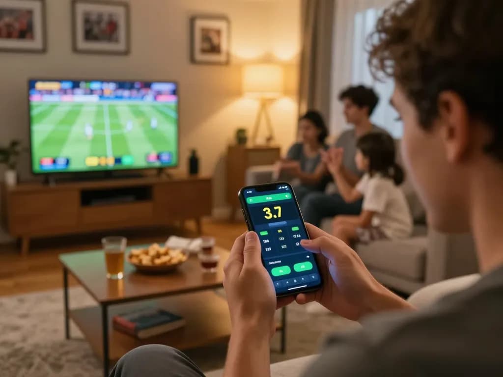 Engaged player celebrating a win using the NHÀ CÁI DABET sports betting app on smartphone, showcasing exciting home atmosphere.