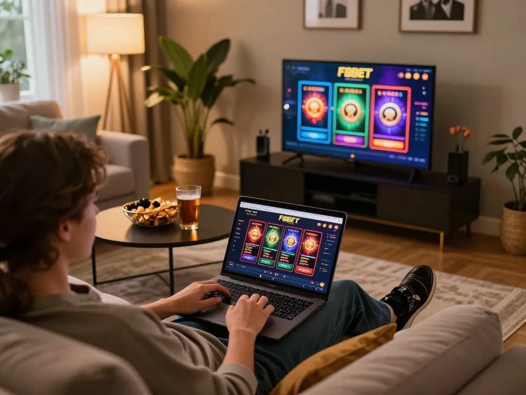 Engaged player enjoying F8BET online casino platform on laptop in cozy living room.