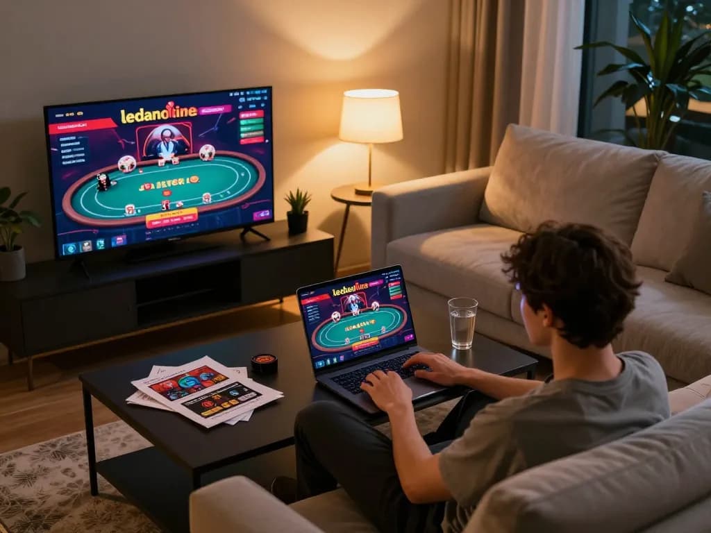 Online gambling session on ledaonline with cozy ambiance and gaming notes