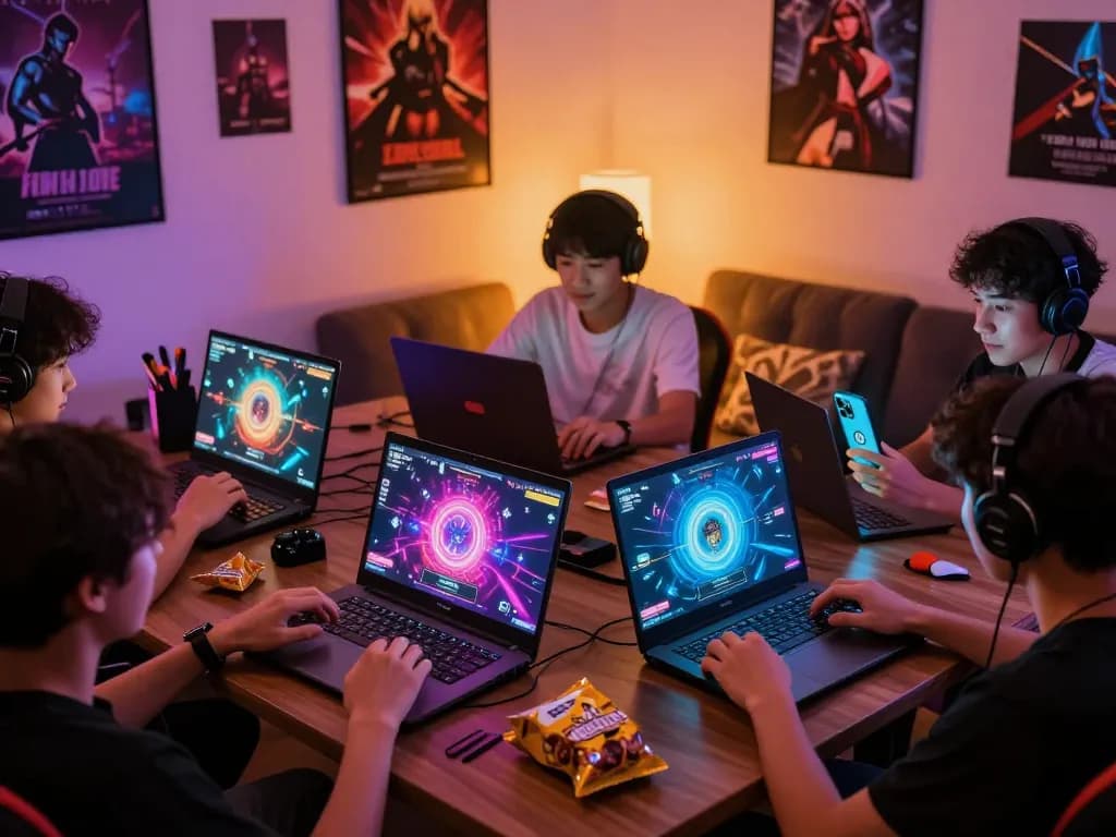 Players engaged in mind control porn games on laptops and smartphones in a vibrant gaming room.