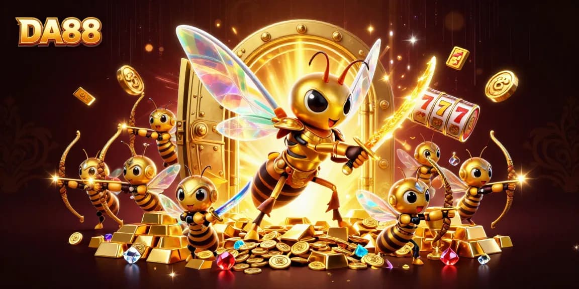 DA88 features a golden hornet and bee archers celebrating a victorious slot jackpot.