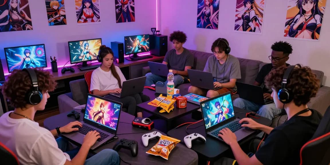 Gamers enjoying diverse hentai games in a modern lounge with vibrant neon lights and immersive art.