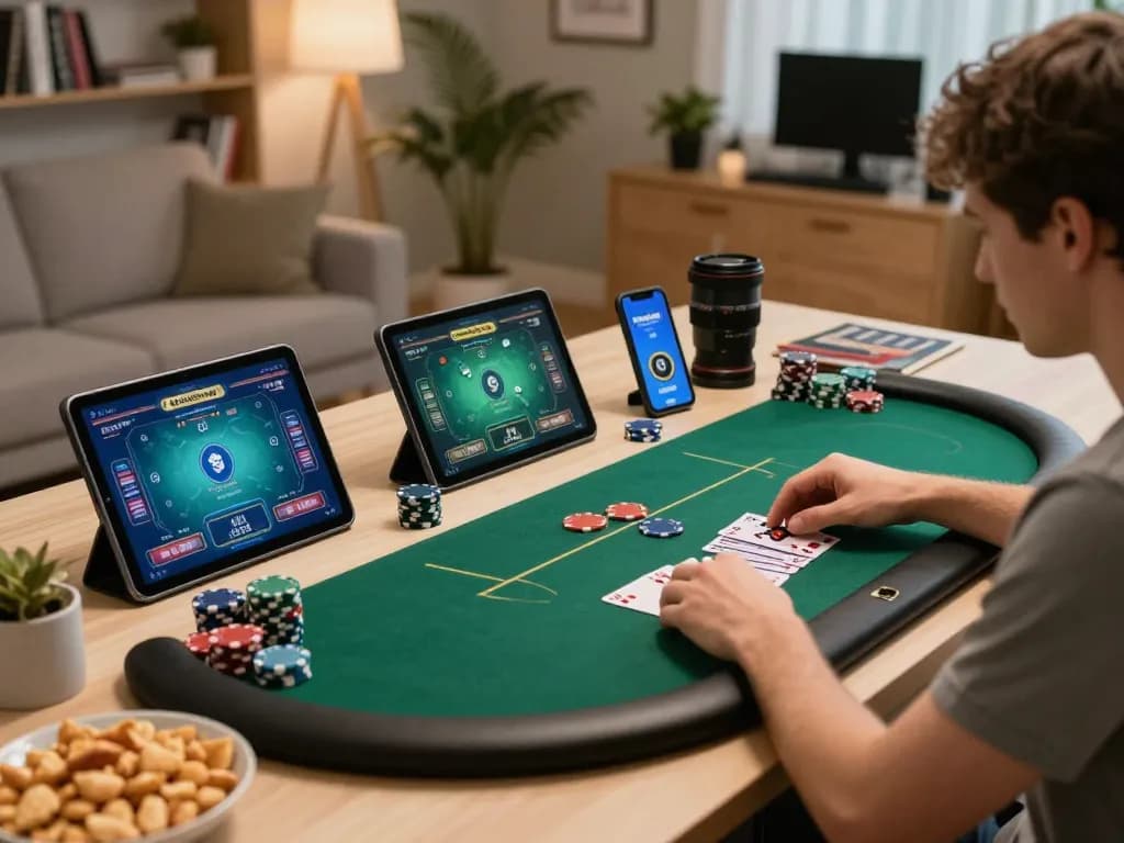 Engaging poker strategies at NHÀ CÁI XO88 with a person playing online from a cozy home setup.