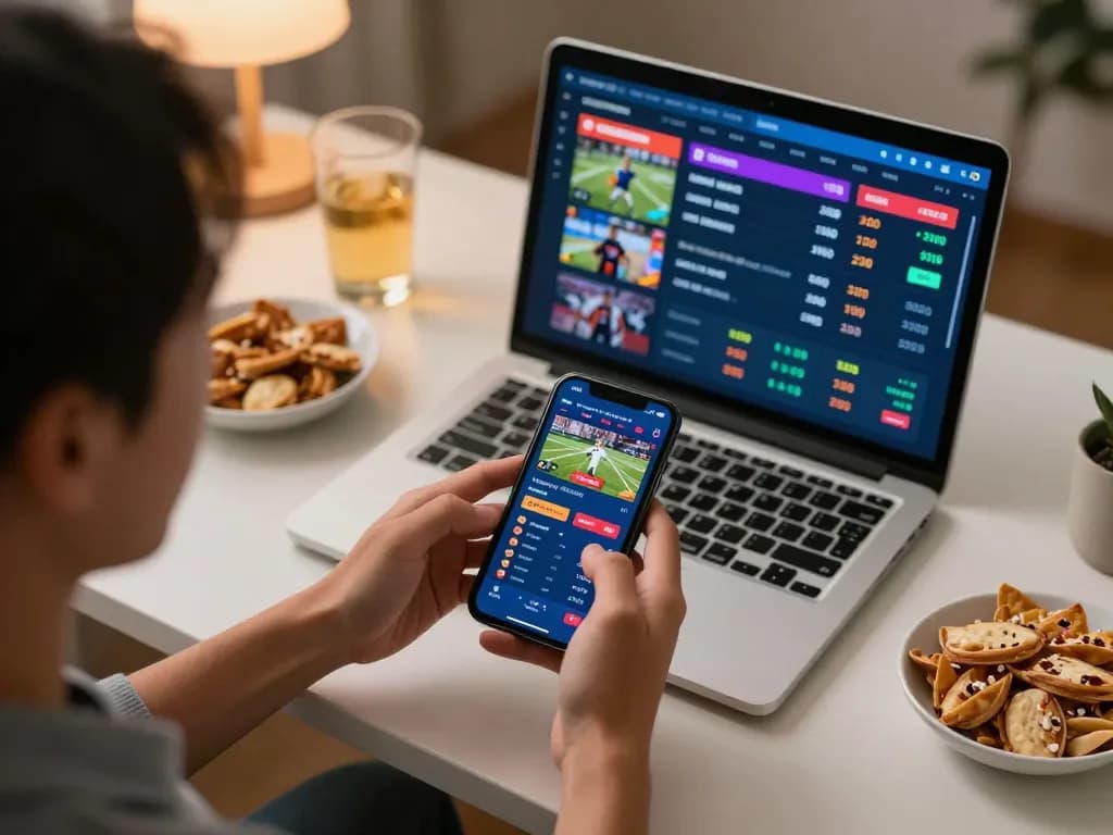 Engaging with NHÀ CÁI DA88 via smartphone app to place thrilling sports bets in a cozy atmosphere.
