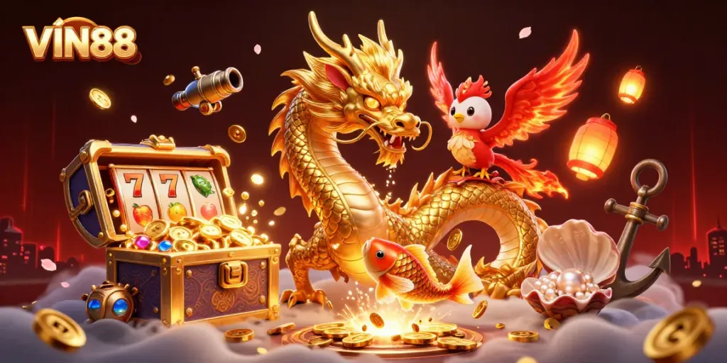 Experience excitement with VIN88's vibrant games featuring dragons and coins.