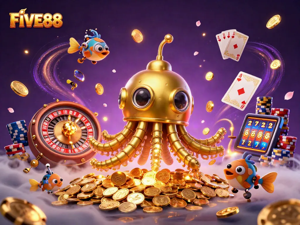 Experience thrilling gameplay at FIVE88 with a 3D golden kraken submarine and vibrant casino elements.