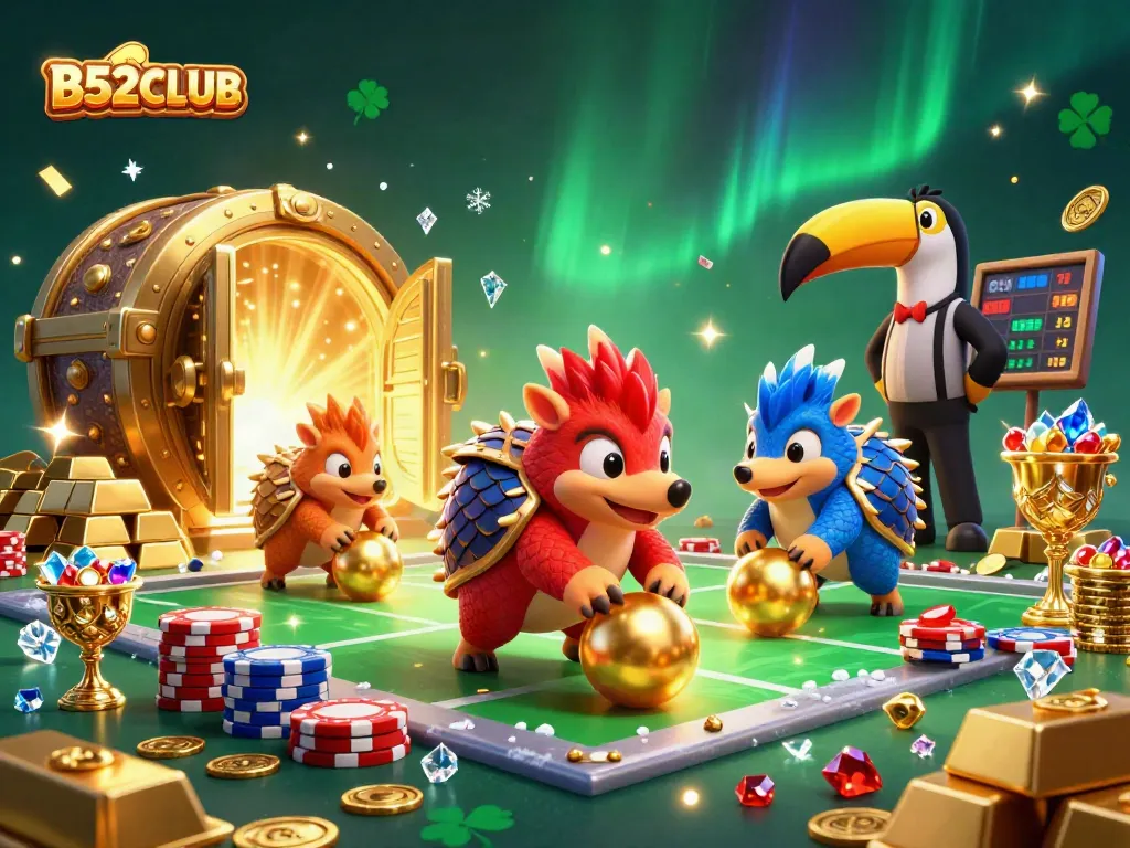 B52CLUB offers thrilling gameplay with rival pangolins competing in a colorful casino setting.