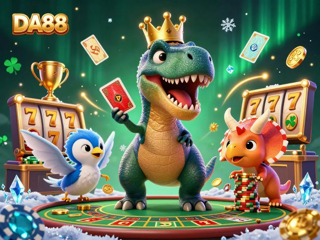 Experience the thrilling games of DA88 with a lively 3D casino scene featuring friendly dinosaurs.