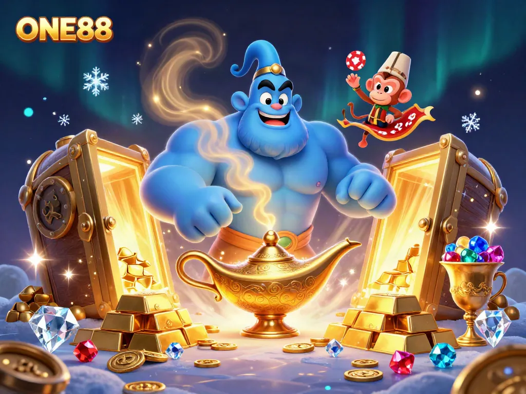 Experience the thrill of ONE88 with this vibrant casino scene featuring a genie and riches.